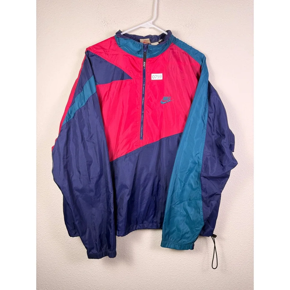 Vintage Nike Windbreaker Jacket Mens XL Colorblock Half Zip Red Blue Teal 90s